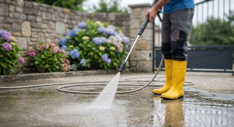 Hidrolavadora de alta presión limpiando una superficie exterior mientras el operador dirige el chorro de agua para remover suciedad.